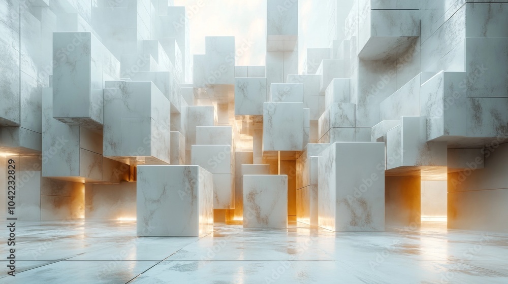 Poster An abstract scene captures a series of illuminated marble cubes arranged in a futuristic architectural space, bathed in natural daylight. Light reflects off surfaces, enhancing the modern aesthetic.