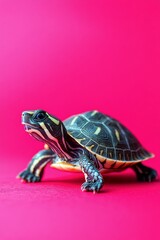 Fototapeta premium A turtle poses on a vibrant pink background in a well lit indoor setting during daylight hours