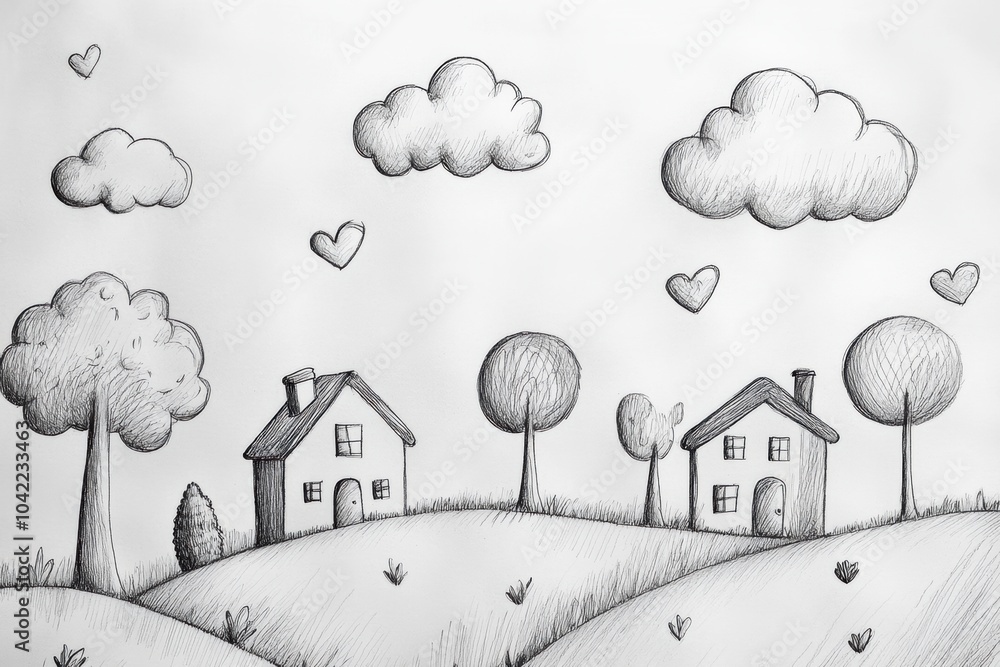 Aufkleber simple pencil sketches showcase charming houses, trees, and fluffy clouds above rolling hills, creat
