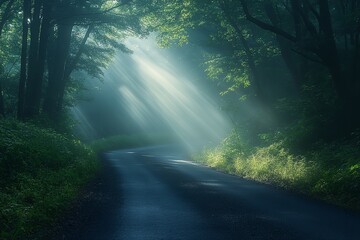 A mist-covered forest road illuminated by beams of sunlight.