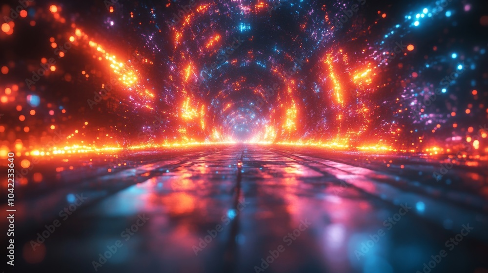 Leinwandbilder a vibrant tunnel filled with bright, fiery colors transitions into a sparkling expanse, creating an 