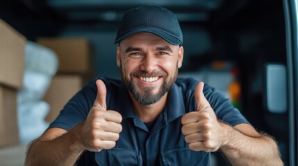 Delivery man in uniform giving thumbs up inside van. Portrait style photography with focused subject and blurred background.