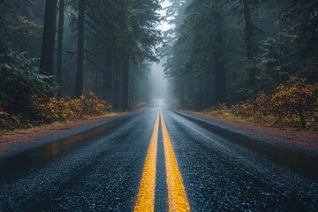 A mist-covered forest road illuminated by beams of sunlight.