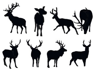 Deer silhouttes Illustration Set, Black and White Silhouettes. Collection of Different Deer Poses, Perfect for Logo, Design, and More.