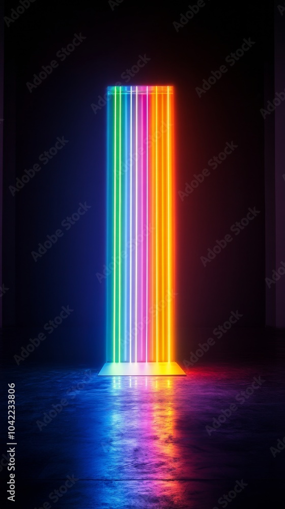 Poster colorful vertical lines and dots creating a vibrant abstract design on a dark background