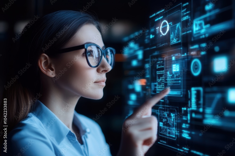 Poster young professional woman interacting with advanced digital interface. futuristic technology and data