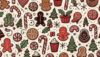 seamless pattern with pine trees, gingerbread, candy cane, cookies and holly berries