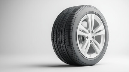 Obraz premium A high-resolution image of a car tire with a sleek alloy rim on a light background, showcasing its tread pattern and design features.