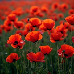 Obraz premium Vibrant red poppies against lush green stems creating a bold floral background