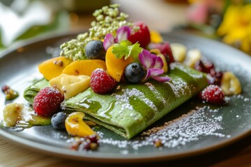 A vibrant green pancake topped with fresh fruits. Colorful berries and flowers create a stunning presentation. Perfect for brunch or a healthy dessert. Generative AI