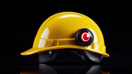 A striking yellow hard hat features a bold red flashing light, designed for safety in construction