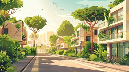 Obraz premium A serene urban street flanked by modern buildings and lush greenery