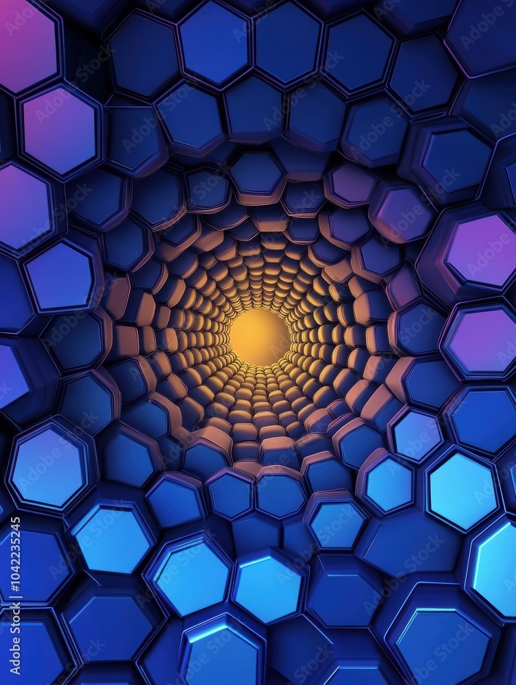 Aufkleber layered hexagons form a captivating geometric pattern, leading towards a warm glowing center in a ri