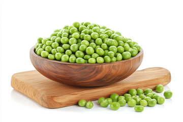 Freshly harvested green peas in a wooden bowl on a cutting board, ready for cooking or serving. Generative AI