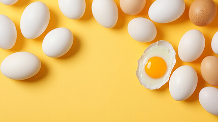 White eggs and egg yolk on the yellow background. top view