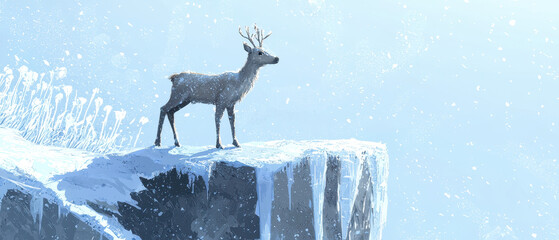 A solitary deer stands on a snowy cliff, surrounded by a serene winter landscape filled with soft snowfall and a tranquil atmosphere.