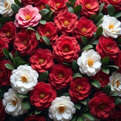 Naklejka premium Vibrant red and white camellias in full bloom creating a rich and luxurious texture