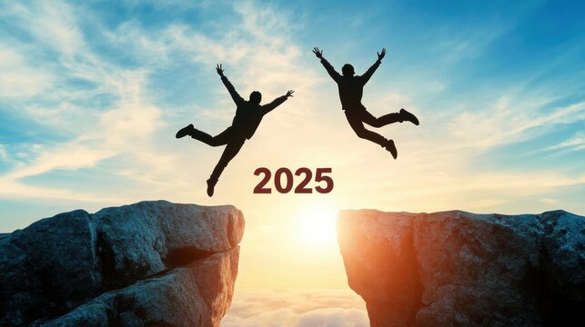 Two people jumping between cliffs at sunrise with 2025 in the foreground. New Year and achievement concept for motivational posters and calendars. - Powered by Adobe