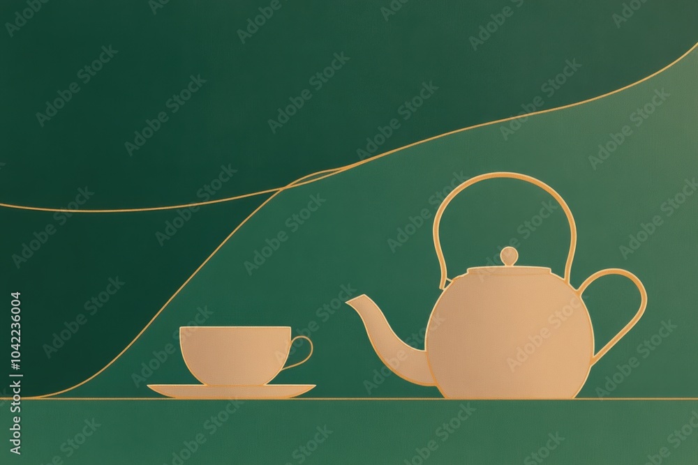 Poster a minimalist design featuring a simple outline of a teapot and cup on a calming green background, pe