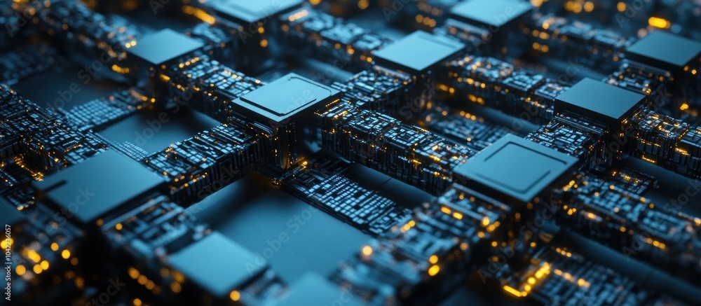 Poster abstract 3d rendering of a complex circuit board with glowing connections, representing the future o