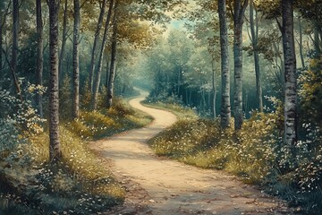 Obraz premium A winding road meandering through a peaceful forest.