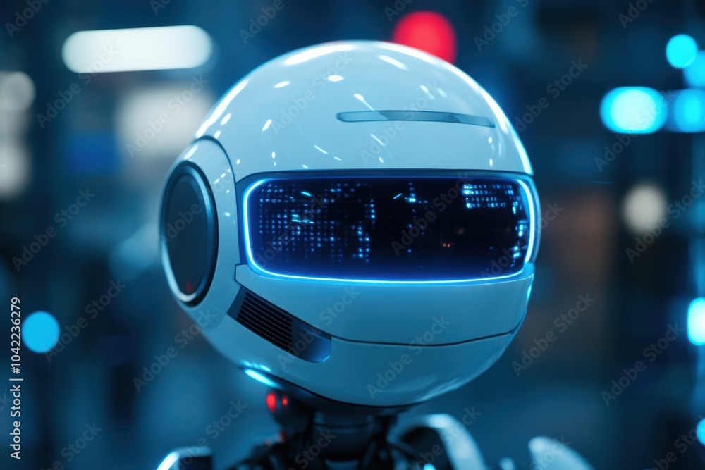 Poster futuristic robot with digital face display. close-up portrait with blue lighting