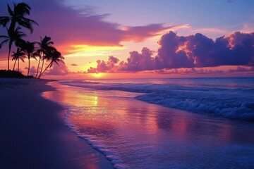 Sunset over the tranquil beach with palm trees reflecting soft pastel colors in the evening sky