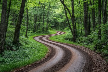Obraz premium A winding road meandering through a peaceful forest.