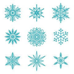 Fototapeta premium Unique snowflakes set, detailed hand drawn flat vector line illustration. Graphic outline drawing. Christmas and New Year symbol. Beautiful snowflake silhouette icon for frosty winter designs.