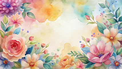 Soft watercolor floral arrangement with colorful flowers and leaves on a pastel background for fabric or wallpaper