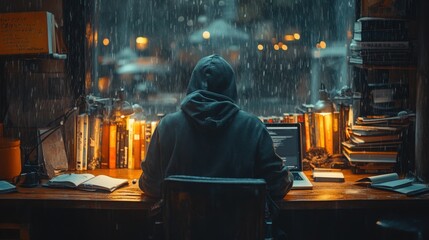Engaging Late Night Study Session: A Focused Student Deep in Thought at a Wooden Desk Surrounded by Books and Notebooks