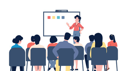 Student on lecture in college or university. Business training for office workers or young entrepreneurs. Female teacher, speaker stang near board, vector scene