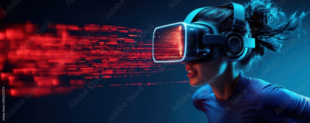 Aufkleber woman experiencing virtual reality with vr headset. dynamic tech portrait with digital data stream