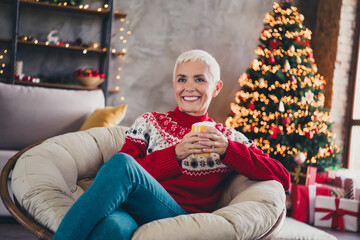 Photo of nice aged woman sit cozy chair drink hot chocolate christmas festive illumination apartment indoors