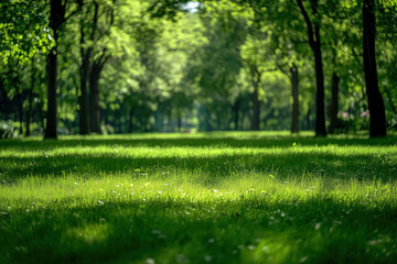 Lush green grass and trees create a serene atmosphere in a tranquil park during sunny weather in early summer. Generative AI