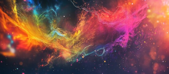 Abstract cosmic background with colorful nebulae and sparkling stars.