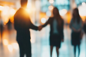 Blurred background of business people shaking hands in an office interior, with a blurred focus on the figures and copy space Generative AI