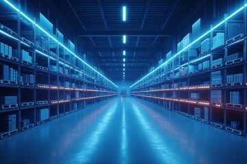 high-tech warehouse bustling with advanced electronics, automated systems sorting goods under bright led lighting, illustrating efficiency and innovation in modern logistics and storage solutions