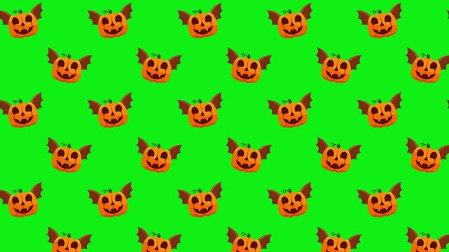 Seamless Halloween Pumpkin with Bat Wings Pattern on Green Background