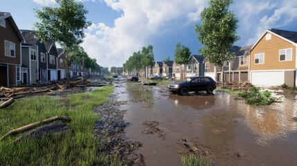 Obraz premium 3D rendering of flood-damaged street with broken road after heavy rain, hyperrealistic scene