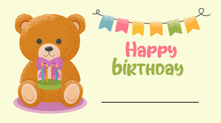 happy birthday card brown teddy bear with pink bow, cake, flags, Happy Birthday inscription, Vector