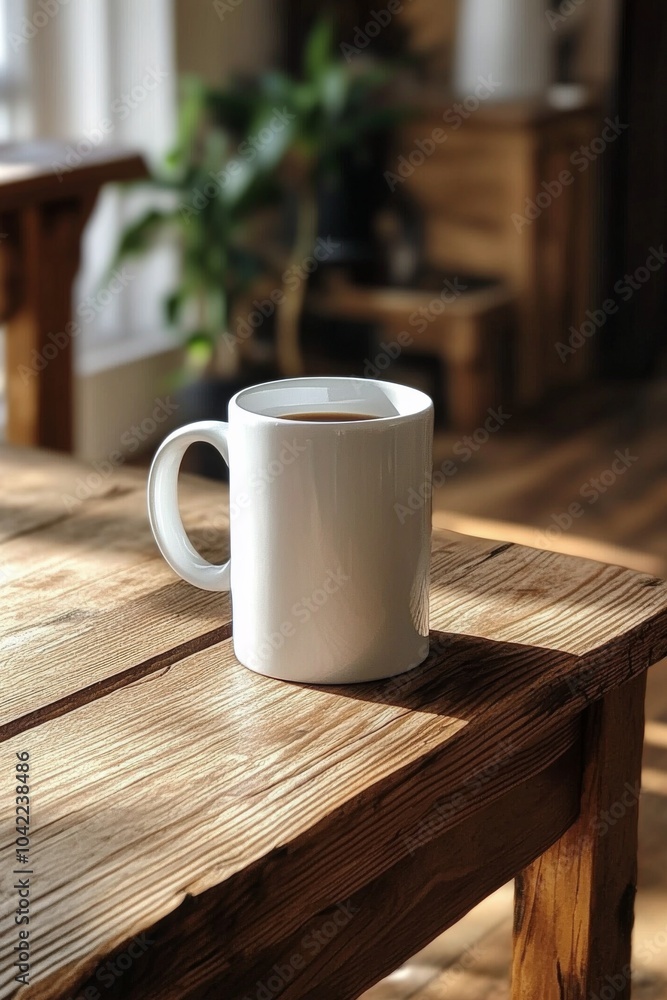 Poster a white mug resting on a wooden table near a window with greenery in the background