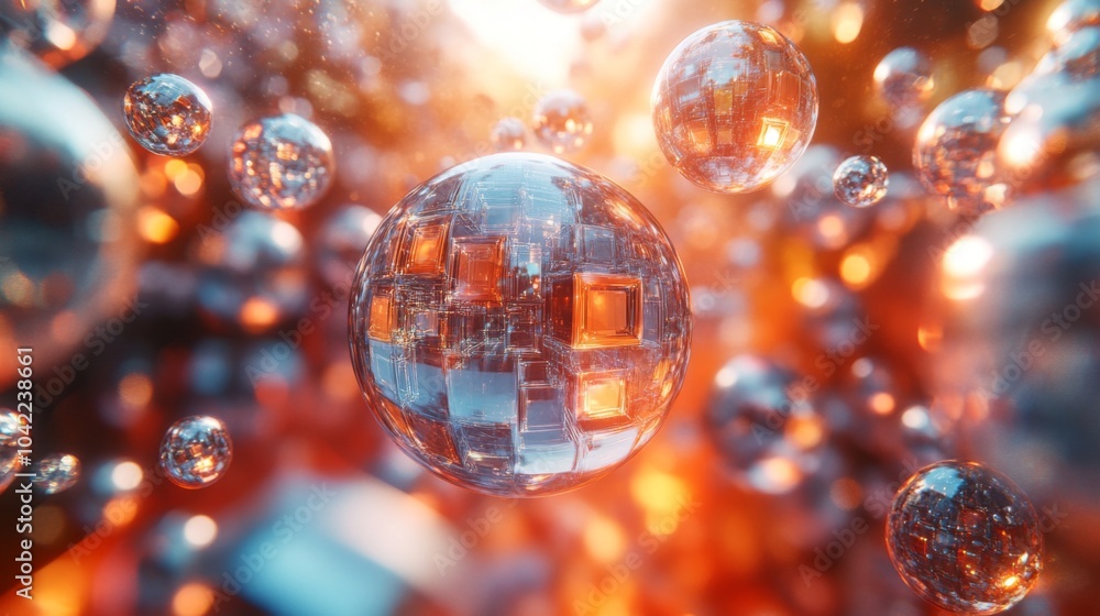 Poster Floating spheres reflect light in a vibrant, fiery backdrop, showcasing intricate designs and creating an enchanting digital atmosphere. This surreal composition captivates the viewer's imagination.