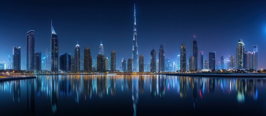 Panoramic view of illuminated skyscrapers reflecting in water at night.
