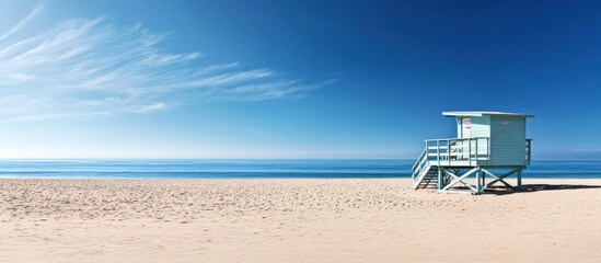 Obraz premium A lone lifeguard stand on a sandy beach with blue sky and ocean in the background.