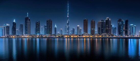 Fototapeta premium Night cityscape with skyscrapers reflecting in the water.