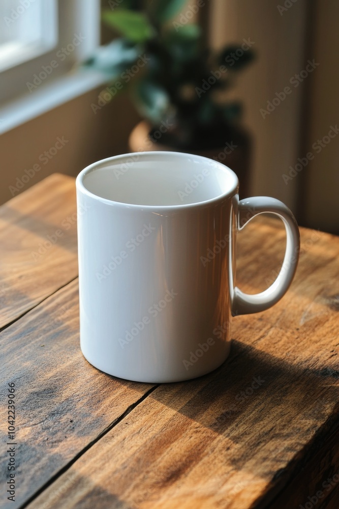 Poster a white mug resting on a wooden table near a window with greenery in the background