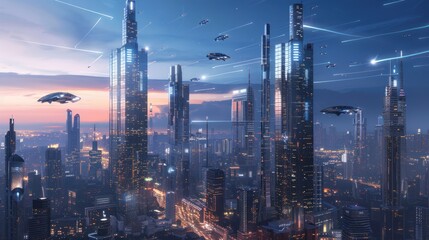 Fototapeta premium Futuristic Cityscape with Flying Cars