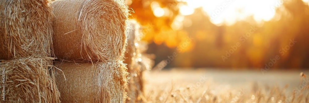 Aufkleber hay bales lie neatly stacked in the golden sunlight, surrounded by colorful autumn foliage on a tran