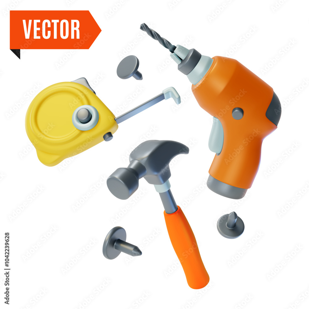 Poster 3d Fix and Repair Concept Floating Drill, Hammer and Measuring Tape Cartoon Design Style. Vector illustration